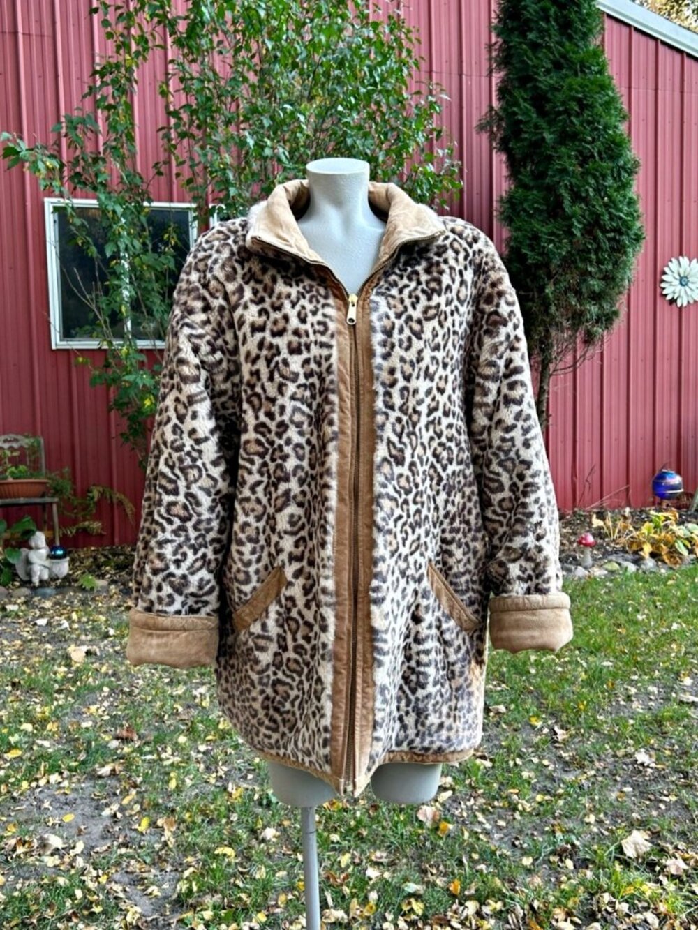 Vintage Winlit Reversible Tan Suede Leather Leopard Print Faux Fur Coat~L~